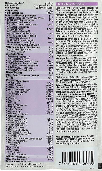 Nutritional values and ingredients Bimbosan Anti Reflux (125 g, from 6 m.)
