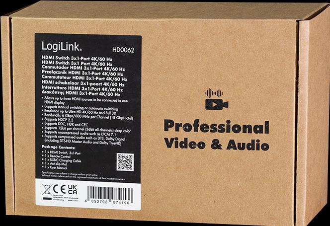 Produktbild LogiLink HDMI-Switch, 3x1-Port, 4K/60 Hz, HDCP, HDR, CEC, RC