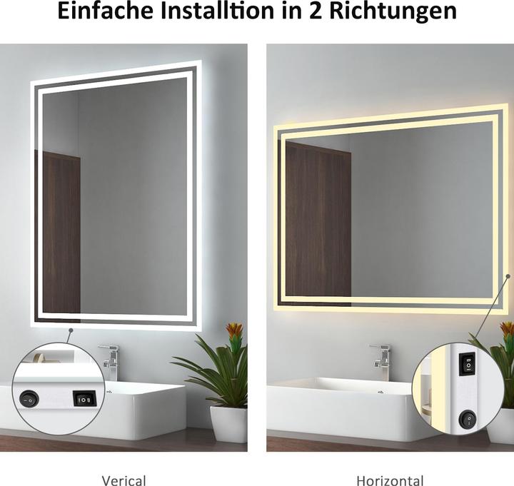 Produktbild Emke Badezimmerspiegel mit Beleuchtung 80*60cm,Beschlagfrei, 3000K/6500K,Tast Schalter