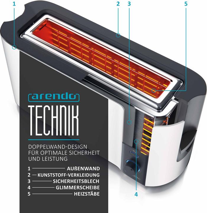 Produktbild Arendo Toaster Edelstahl 2 Scheiben Langschlitz, Doppelwand, Brötchenaufsatz, Display mit Restzeitanzeige
