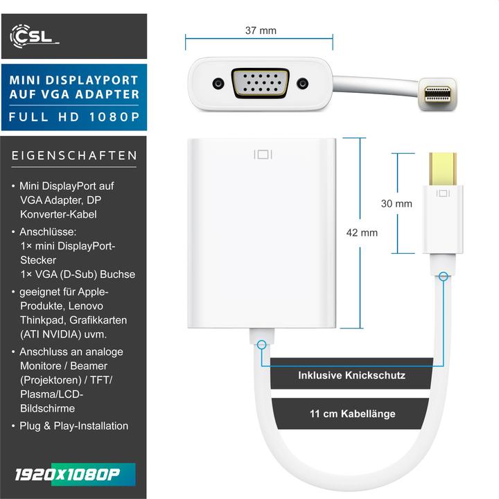 Produktbild CSL Mini DisplayPort zu VGA Video-Adapter, Full HD MiniDP Stecker zu VGA Buchse Adapter Kabel (VGA)