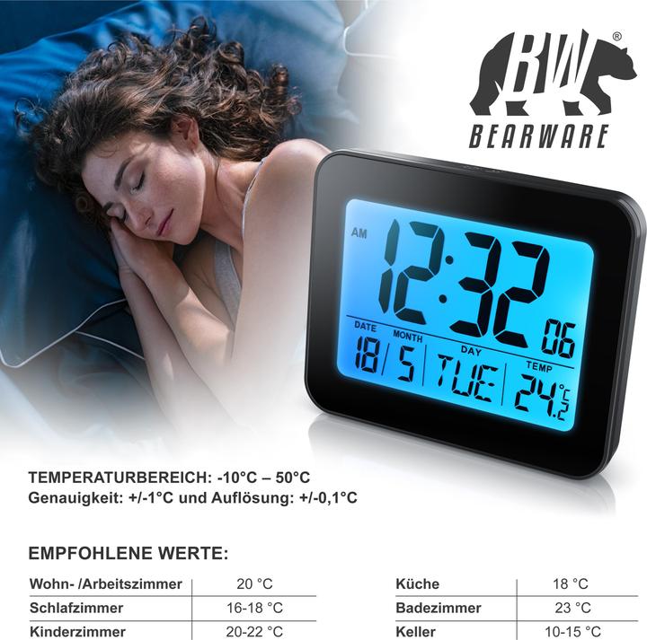 Produktbild Bearware Wecker digital, Reisewecker kompakt mit Temperaturanzeige Schlummerfunktion, Messung Temperatur