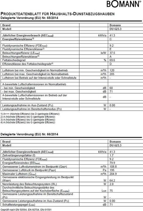 Nutritional values and ingredients Bomann DU 623.3 (Substructure hood)