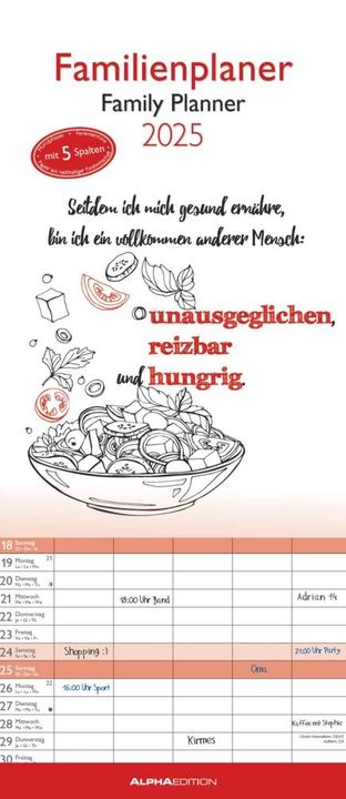 Actual product image Alpha Edition Typo Art 2025 Family planner, 19,5x45cm, family calendar with 5 columns for (German)