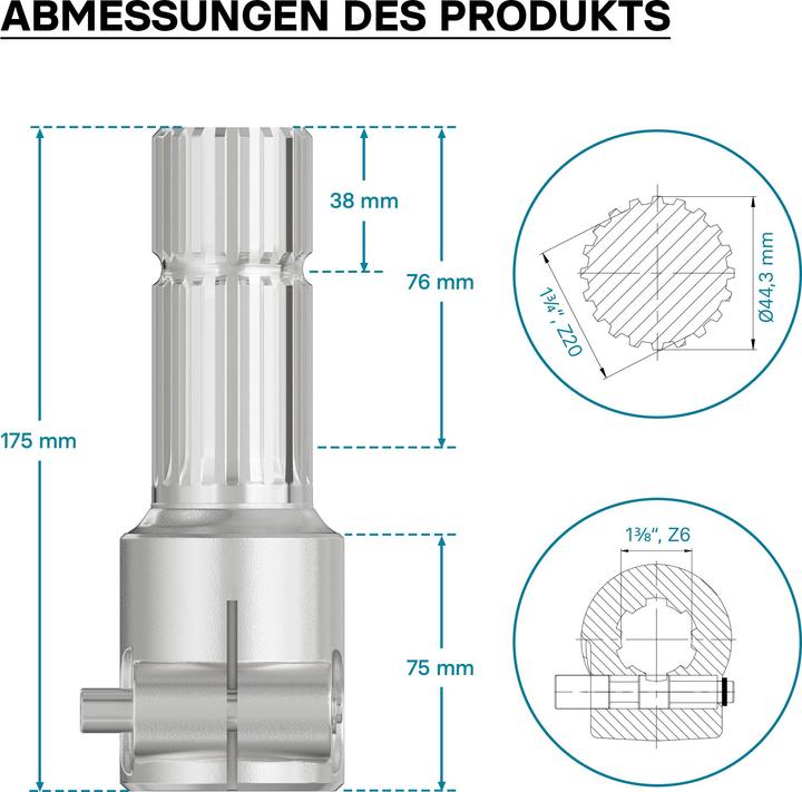 Produktbild Wiltec Zapfwelle 175mm Buchse Keilwellenaufnahme 1 3/8" Z6 für Ausgangswelle 1 3/4" Z20 (Traktorzubehör)