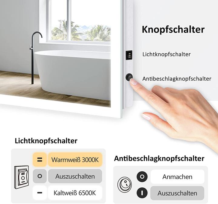 Produktbild Emke Badezimmerspiegel mit Beleuchtung 100*60cm,Beschlagfrei, 3000K/6500K,Tast Schalter (100 x 60 cm)