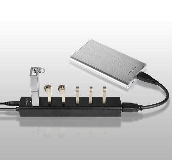 Produktbild Axagon HUE-SA7BP 7x USB3.0 ALU Ladehub inkl. AC-Adapter, Juodas (USB-A, USB-B, 7 Ports)