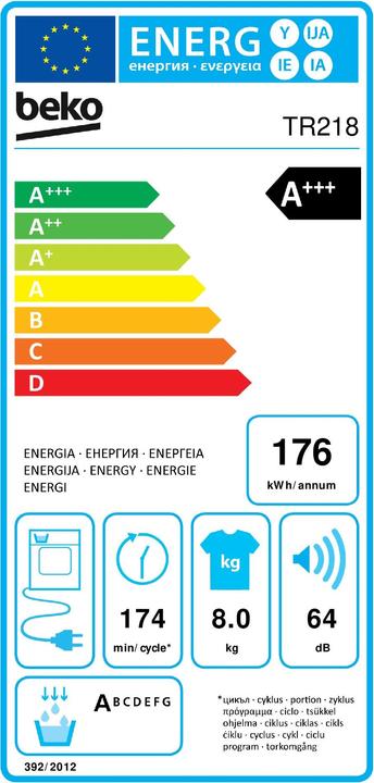 Energy Label Beko TR218 (8 kg, Right)
