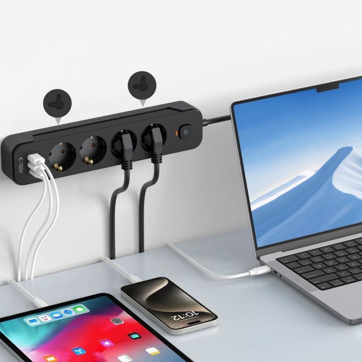 Image du produit Tech-Protect PCL4X3 Power Strip 4 Sockets 240V + 2xUSB-A + 1xUSB-C 200 cm - Noir (2 x, USB-A, USB-C, 2 m)