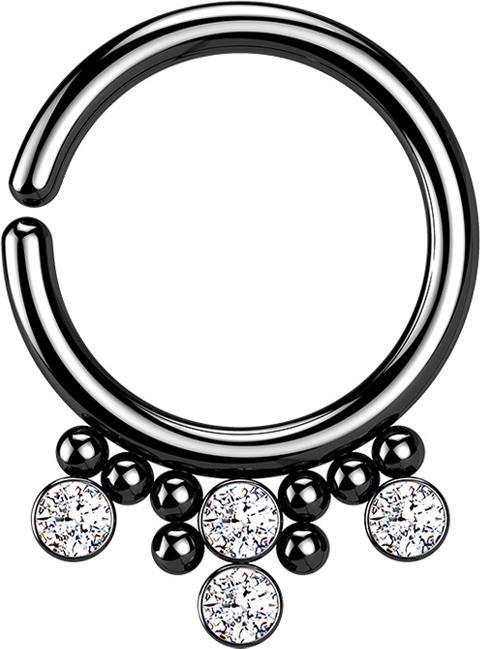 Produktbild Star Piercing Micro Piercing Ring schwarz acht Kugeln und vier Kristalle silber (Chirurgenstahl 316L)