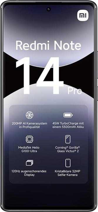 Produktbild Xiaomi Redmi Note 14 Pro (256 GB, Midnight Black, 6.67", Hybrid Dual SIM, 200 Mpx, 4G)