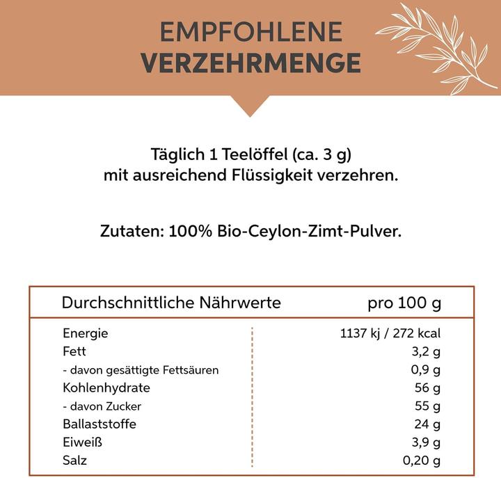 Nährwerte und Zutaten Eltabia Bio Ceylon Zimt Pulver | Ceylonzimt fein gemahlen mit wenig Cumarin (1 Stück, Pulver, 200 g)
