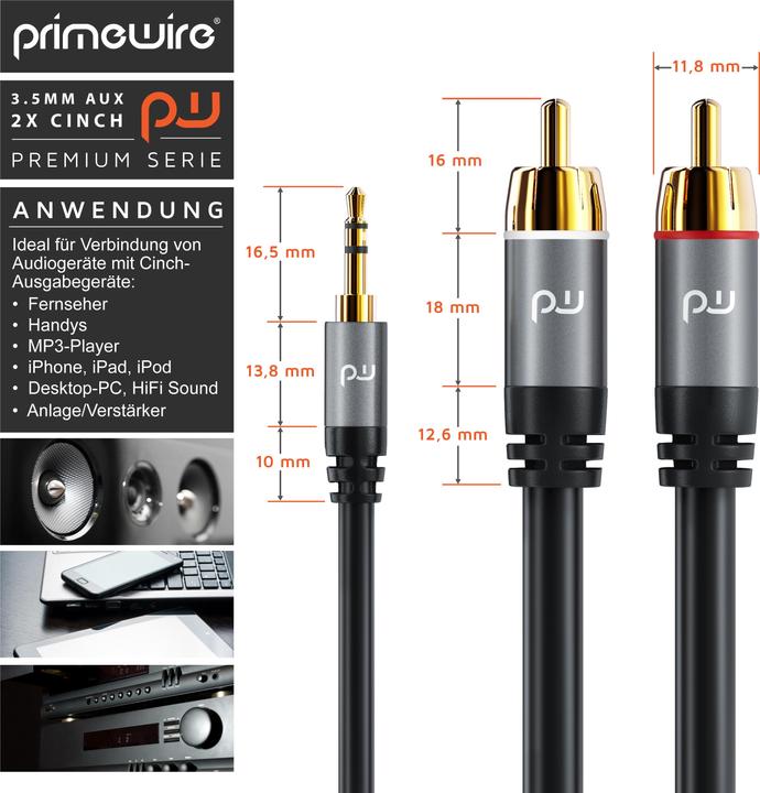 Produktbild Primewire Audio Kabel / 3,5mm Klinke zu 2x Cinch (3 m, 3.5mm Klinke (AUX), Cinch)