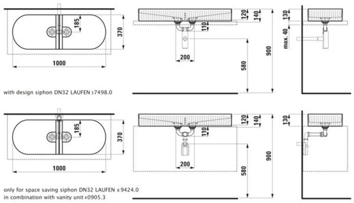 Actual product image Laufen Running Sonar double washbasin bowl with texture, without tap hole, without overflow, 1000x370mm, in (370 mm, 1000 mm)