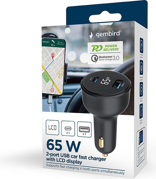 Produktbild Gembird Chargeur Allume Cigare 1x USB-C + 1x USB-A 65W (Noir)