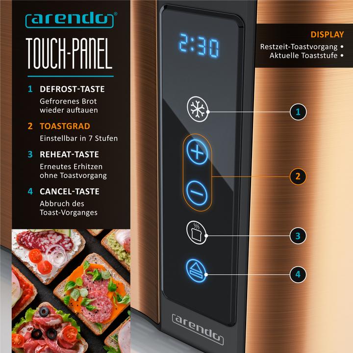 Immagine prodotto Arendo Toaster Edelstahl 4-Scheiben Langschlitz, Display mit Restzeitanzeige, Touchpanel, Brötchenaufsatz