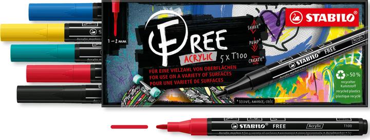 Produktbild STABILO FREE Acrylic Acrylmaker (Turquoise, Yellow, Blue, Black, Red, 2 mm, 5 x)