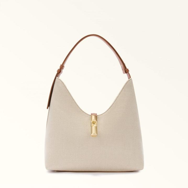Furla goccia m hobo bag in canvas natural/branby color