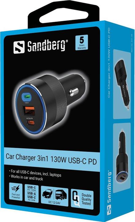 Actual product image Sandberg Car Charger 3in1 130W USB-C PD