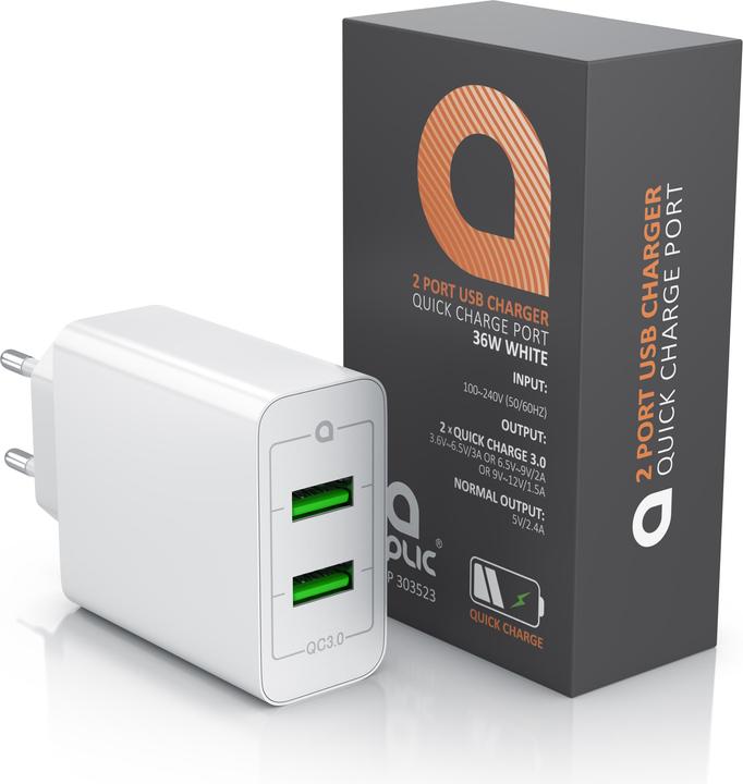 Produktbild Aplic USB Ladegerät, 2-Port Quick Charge USB Ladegerät 36 W / 6000 mA / Schnellladefunktion, weiss (36 W)