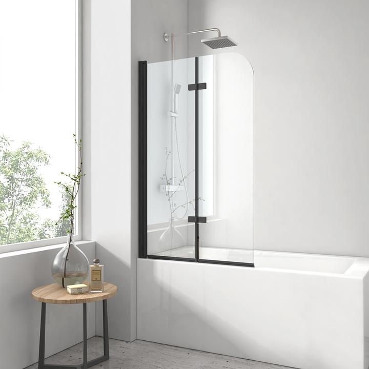 Produktbild Emke Duschwand für Badewanne 110x140cm Glas-Duschwand, 2-teilig Faltbar, Leicht zu Reinigen, Schwarz (110 cm, 110 cm, 140 cm)