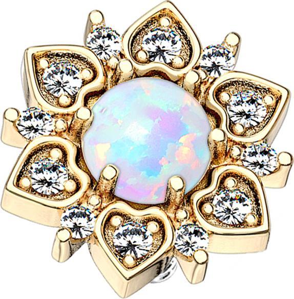 Actual product image Star Piercing Dermal Anchor 14k gold-plated heart flower with white opal (Brass, Surgical steel 316L)