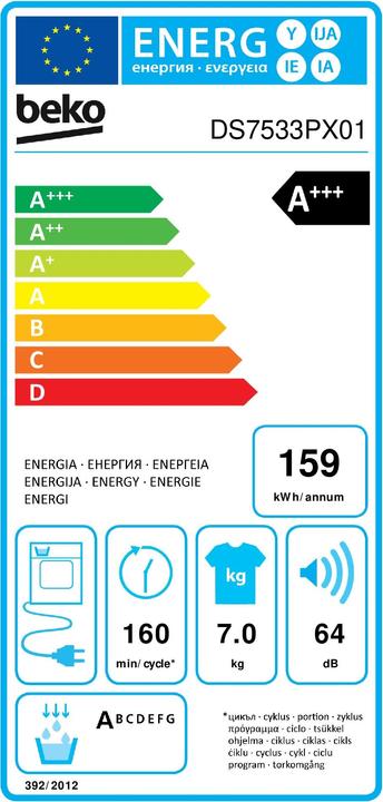 Energy Label Beko DS7533PX01 (7 kg, Right)