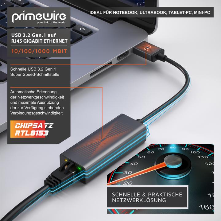 Immagine prodotto Primewire Adattatore di rete da USB tipo A a RJ-45 Ethernet, adattatore di rete USB 3.2 esterno con porta (USB-C 3.2 Gen 1, RJ45 (1x))