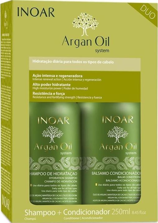 Valeurs nutritives et ingrédients Inoar Shampooing et revitalisant à l'huile d'argan pour les cheveux stressés 8.5 Ounces 250 Millilitres (250 ml, Shampoing liquide)