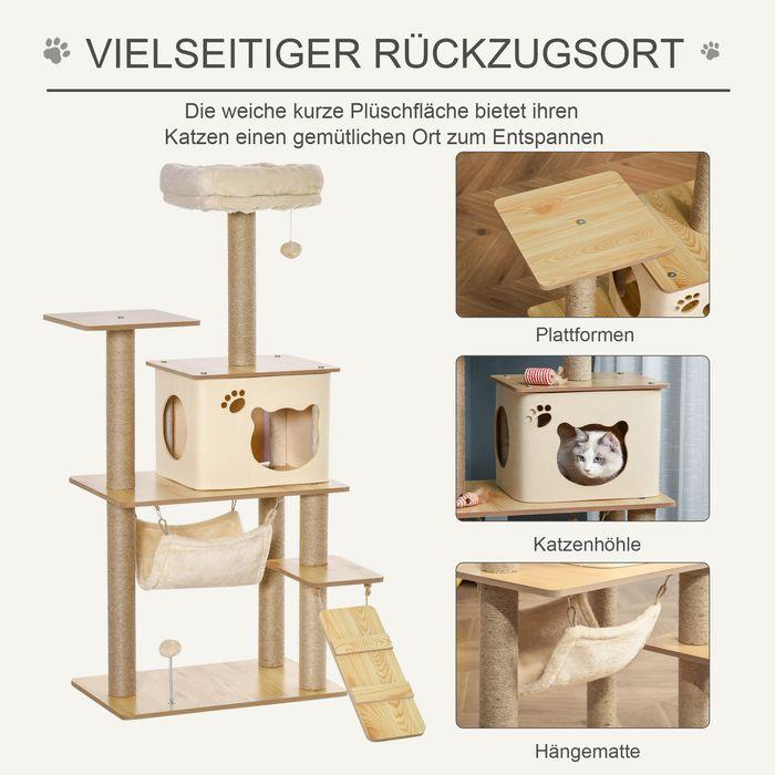 Image du produit Swisshandel24 Arbre à chat Arbre à chats Arbre à grimper en bois avec niche pour chats Tiges de jute Grande (130 cm, Jaune)