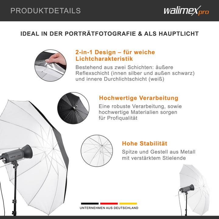 Immagine prodotto Walimex pro pro 2in1 Reflex- Ombrello a luce trasmessa (Ombrello, 150 cm)