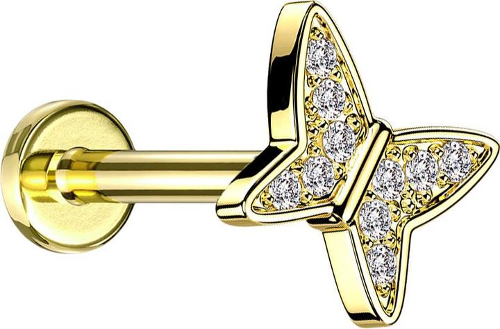Star Piercing Micro Labret Innengewinde vergoldet Schmetterling Kristalle silber (Messing, Chirurgenstahl 316L)