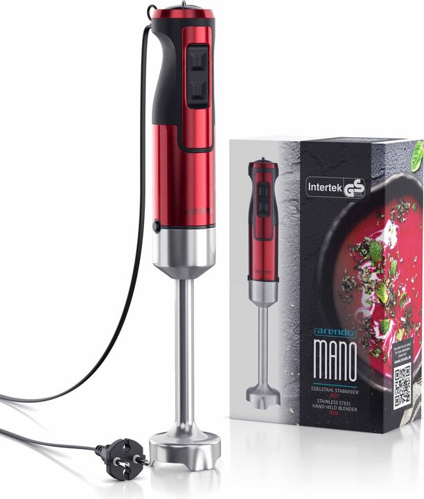 Produktbild Arendo Stabmixer 1000W mit DC Motor, Edelstahl Pürierstab, Turbotaste, abnehmbarer Mixfuss, Rot