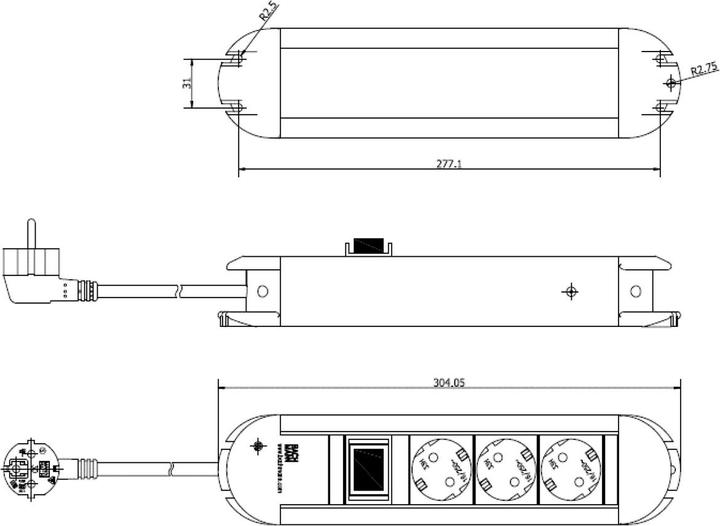 Produktbild Bachmann Steckdosenleiste PRIMO CLASSIC ALU, 3-fach mit (3 x, CEE 7/3, 2 m)