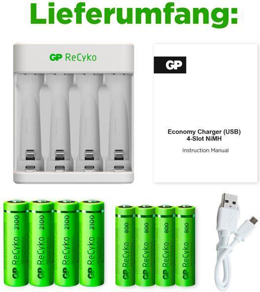 Produktbild GP Batteries ReCyko E111 4-Port USB Ladeg. + 4xAA 2100mAH + 4x AAA 800mAh (8 Stk., AAA, AA, 2100 mAh, Akku)
