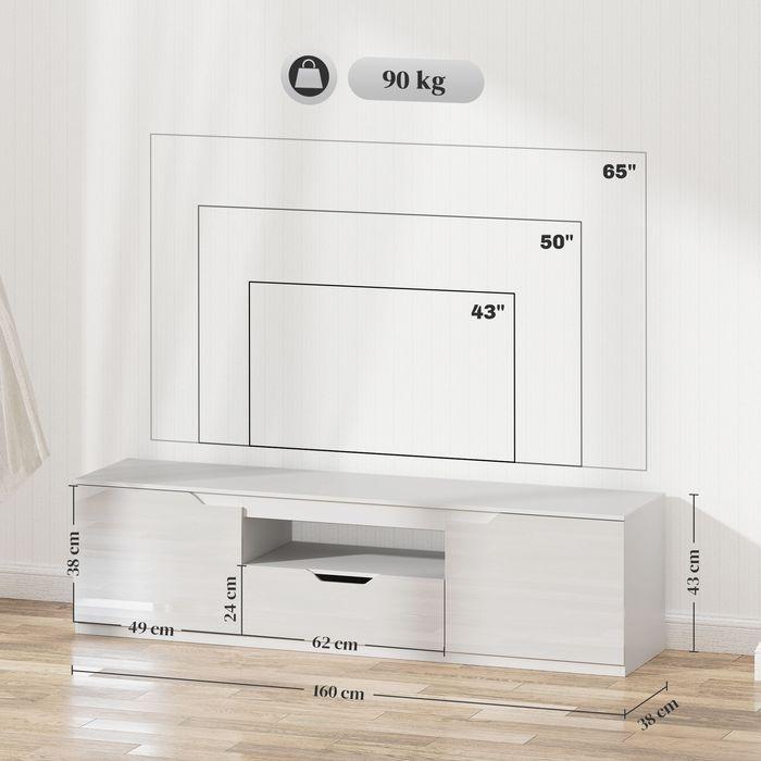 Immagine prodotto Swisshandel24 Hochglanz TV-Lowboard für Fernseher bis 65 Zoll, 3 Fächer, Schublade, Weiss (160 x 38 x 43 cm)