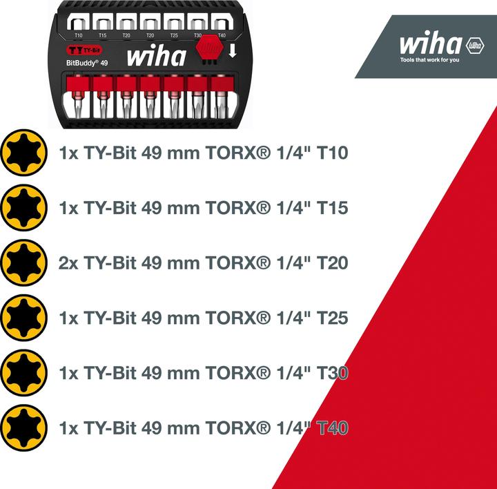 Produktbild Wiha Bit Set BitBuddy 7-tlg. I TY-Bit 49 mm I TORX 1/4" E6,3 I Zubehör für Schraubanwendungen (Innensechsrund TX M20, Innensechsrund TX M30, Innensechsrund TX M10, Innensechsrund TX M15, Innensechsrund TX M25, Innensechsrund TX M40)