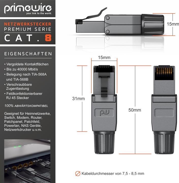 Produktbild Primewire Netzwerkstecker feldkonfektionierbar RJ45 CAT 8 - Steckverbinder CAT8 für LAN Kabel / Netzwerkkabel (0.05 m)