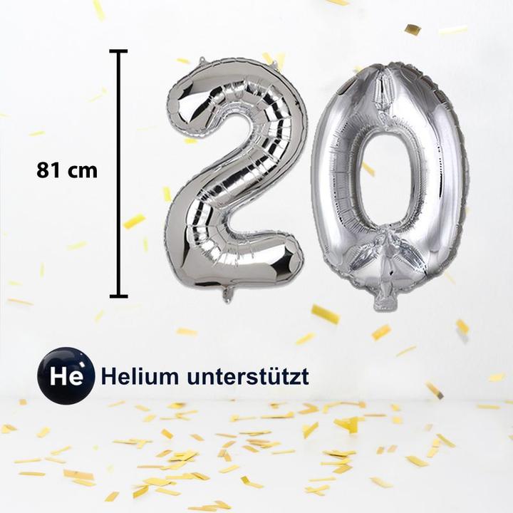 Produktbild Hermex Zahlenballon Zahl 20 Folienballon Geburtstagsparty Ballon Silbrig 81cm