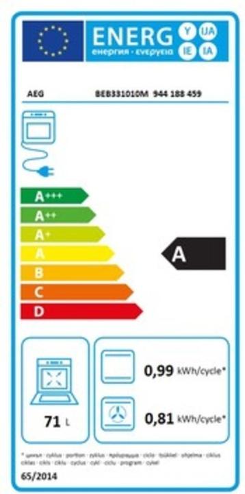 Energie-Label AEG BGH 33101 BA Set besteht aus Backofen BEB331010M + 1fach Backauszug TR1LV