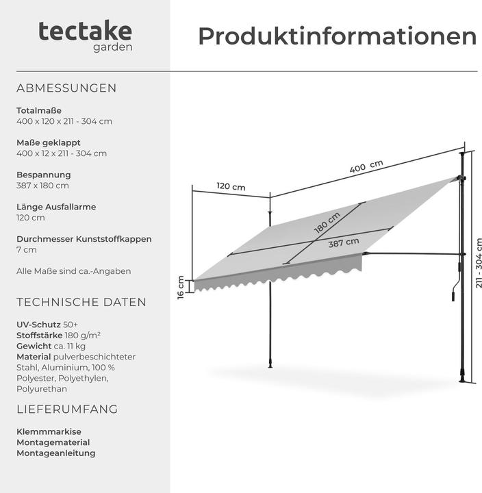 Actual product image tectake Tenda a morsetto con manovella, altezza regolabile (4 m)