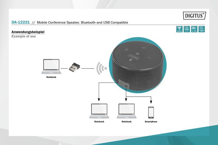 Produktbild Digitus Mobiler Konferenz-Lautsprecher, Bluetooth und USB kompatibel (10 h, Batteriebetrieb)