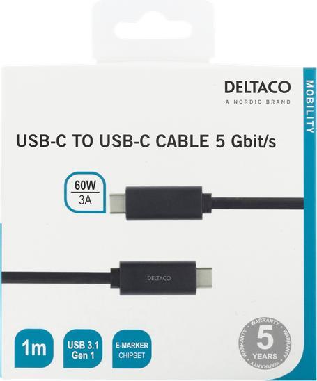 Image du produit Deltaco Câble USB-C vers USB-C, 1m, 60W 3A, USB 3.1 Gen, E-Marker noir (1 m, USB 3.2 Gen 1)