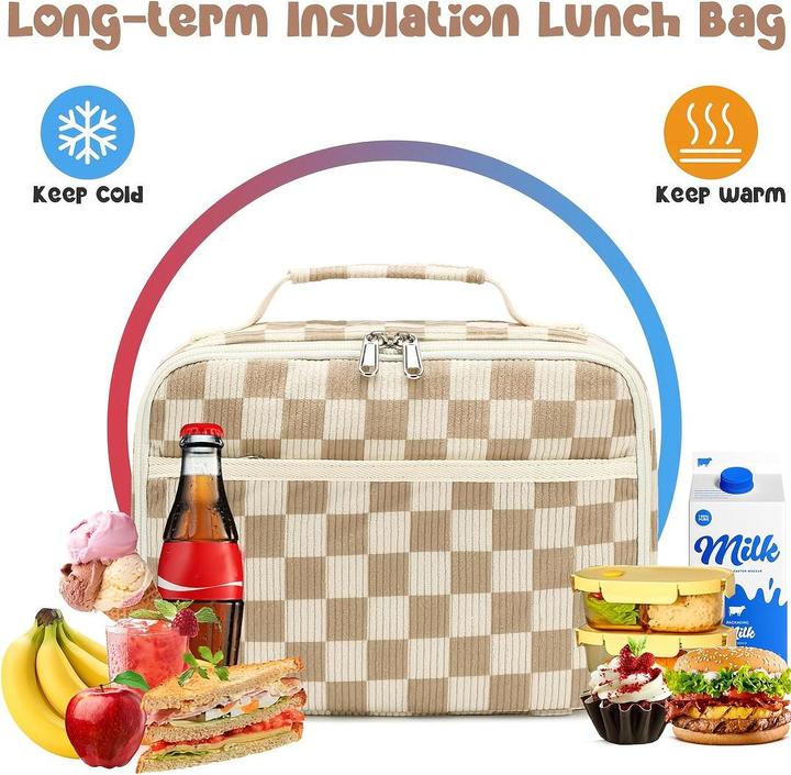 Actual product image Only-Bags.Store Grosses Fassungsvermögen Chic Cord isolierte Lunch Bag mit kariertem Design - auslaufsicher und
