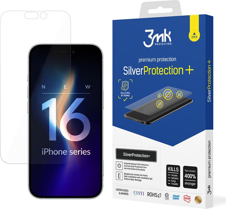 3MK SilverProtect+ iPhone 16 Folia Antymikrobowa montowana na mokro (1 Stuk, Apple iPhone 16)