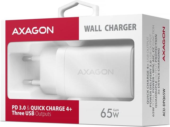 Produktbild Axagon ACU-DPQ65W, GaN nabíječka do sítě, 3x port (USB-A + dual USB-C), PD3.0/QC4+/PPS/Apple (65 W)