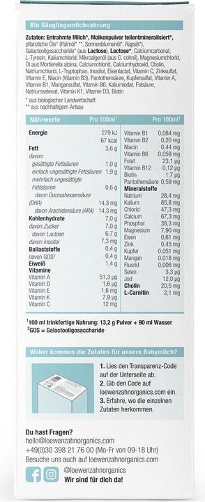 Valori nutrizionali e ingredienti Löwenzahn Organics Latte iniziale Pre organico (500 g, dalla nascita)