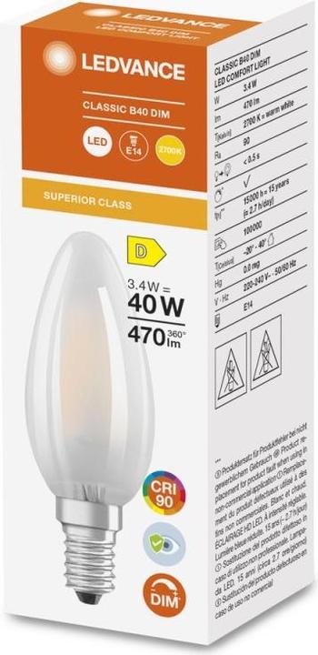 Actual product image Ledvance LED Comfort kerte mat 470lm 3,4W/927 (40W) E14 daempbar (E14, 3.40 W, 470 lm, 1 x, D)