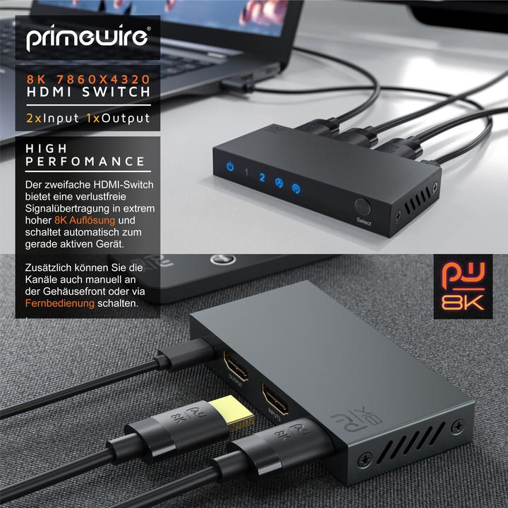 Image du produit Primewire 2-Port HDMI 2.1 Switch, commutateur 8K, 2 en 1 Out UHD, splitter avec télécommande, UHD 8k 4k 60 Hz