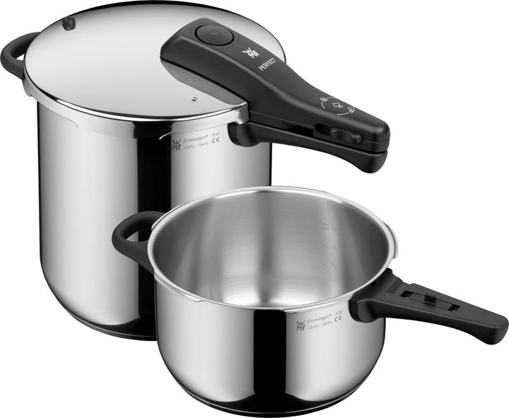 Produktbild WMF Schnellkochtopf Set 2tlg 8,5+3l grosses Kochsignal Perfect Induktion Edelstahl (22 cm, Pfannenset + Topfset, Edelstahl)
